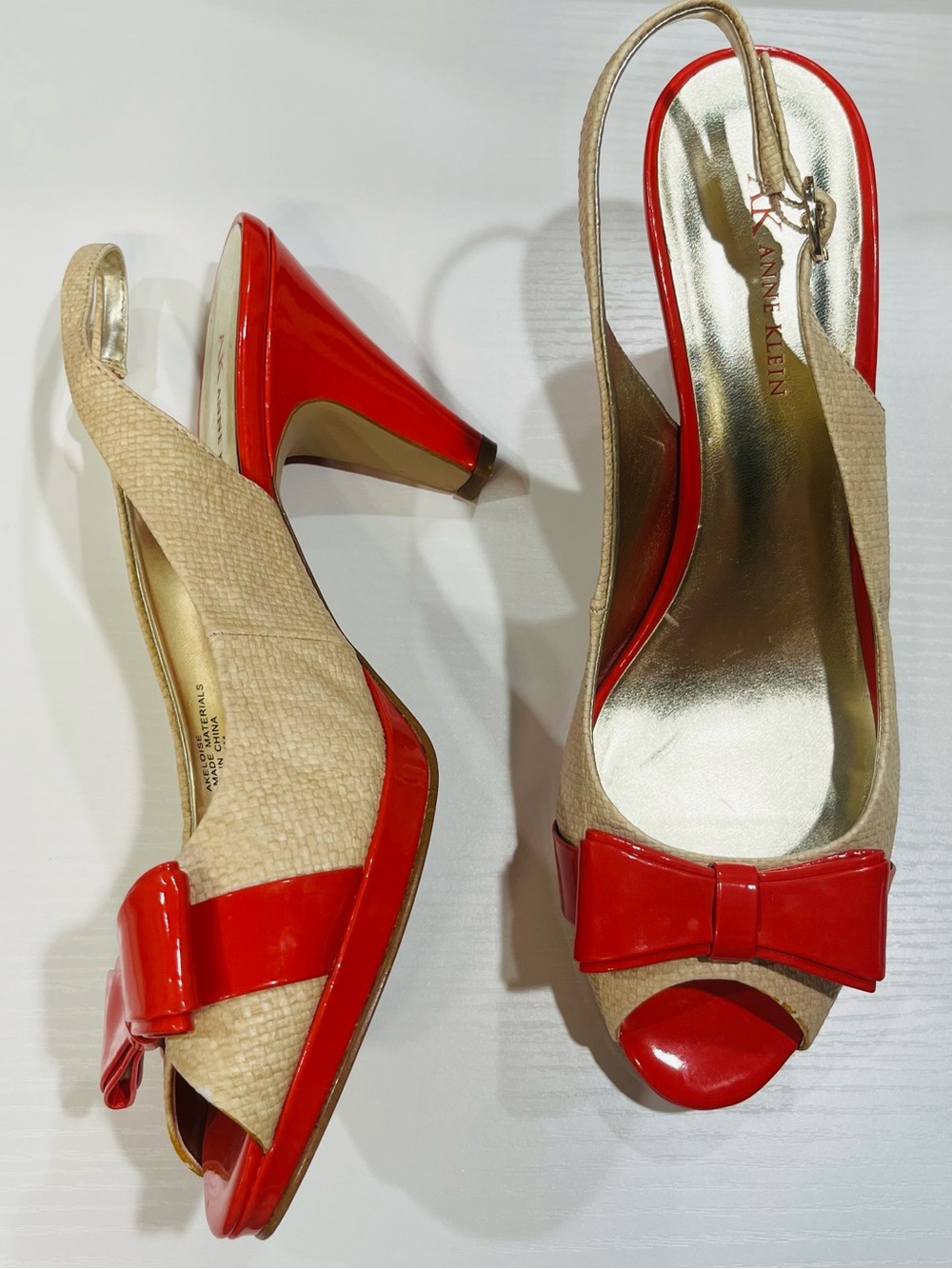 Anne Klein Red Patent and Beige Slingback Peep-Toe Heels with Bow